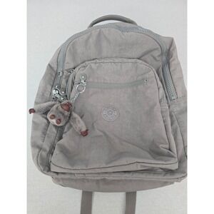 Kipling Seoul Laptop Backpack Gray Nylon Monkey Charm Front Pocket Zip Closure